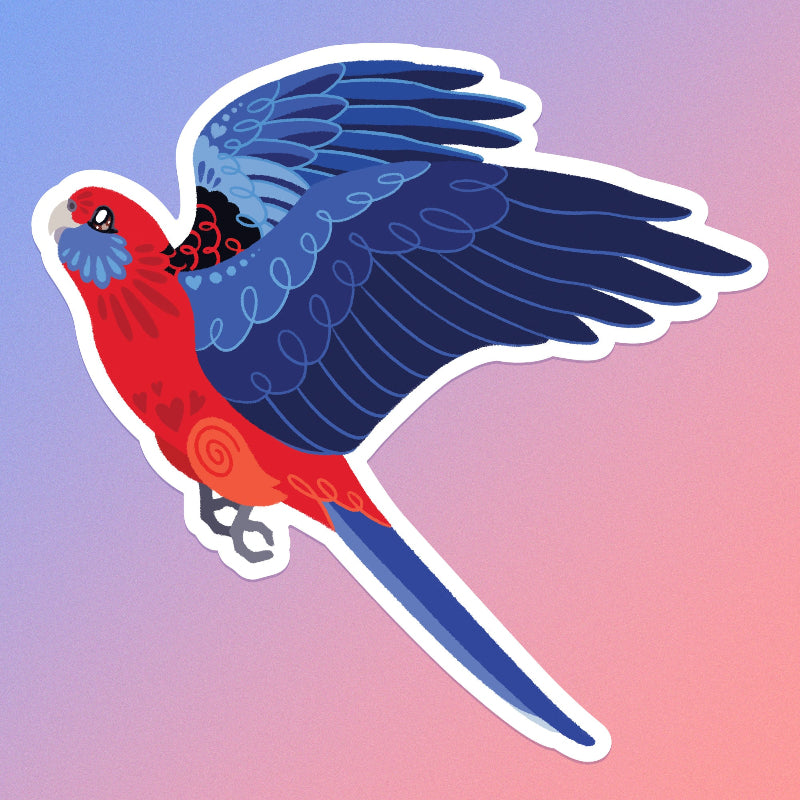 Colourful sticker of a Crimson Rosella in flight on a blue and pink gradient background.