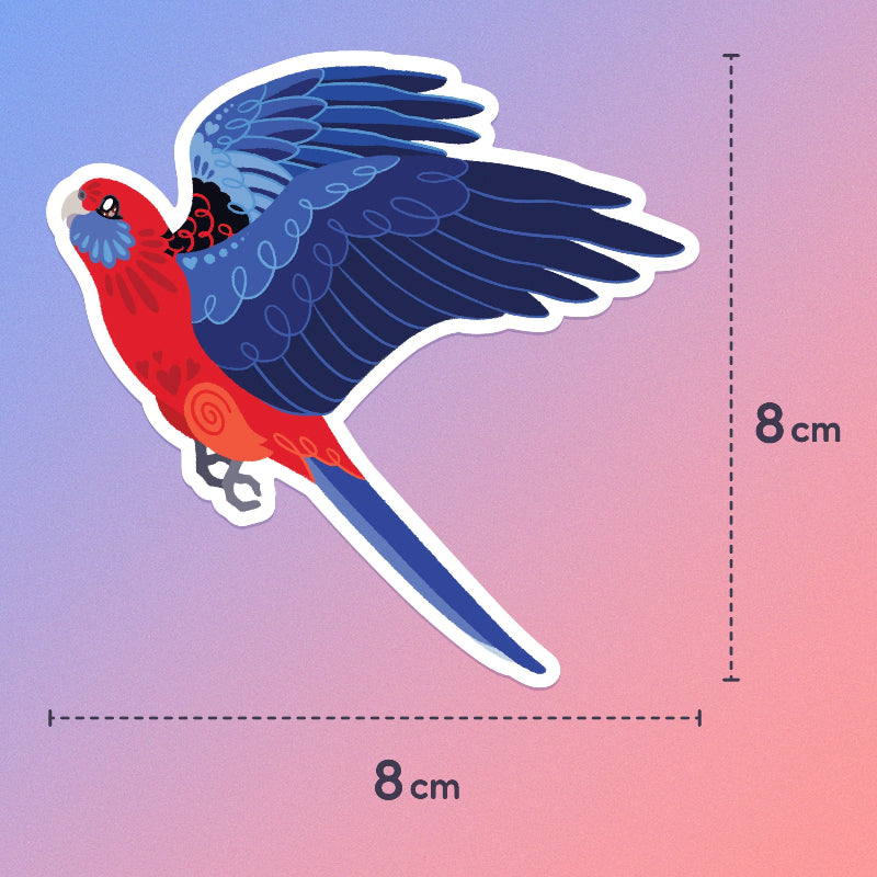 8x8cm colourful sticker of a Crimson Rosella in flight on a blue and pink gradient background.
