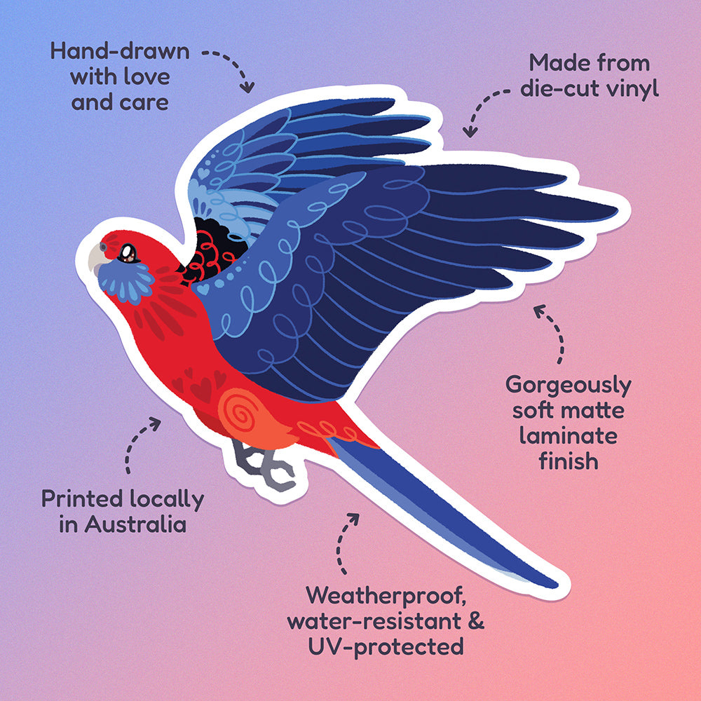 Features & benefits ('Hand-drawn with love and care', 'Made from die-cut vinyl', 'Gorgeously soft matte laminate finish', 'Weatherproof, water-resistant and UV-protected', 'Printed locally in Australia' surrounding a colourful sticker of a Crimson Rosella in flight on a blue and pink gradient background.