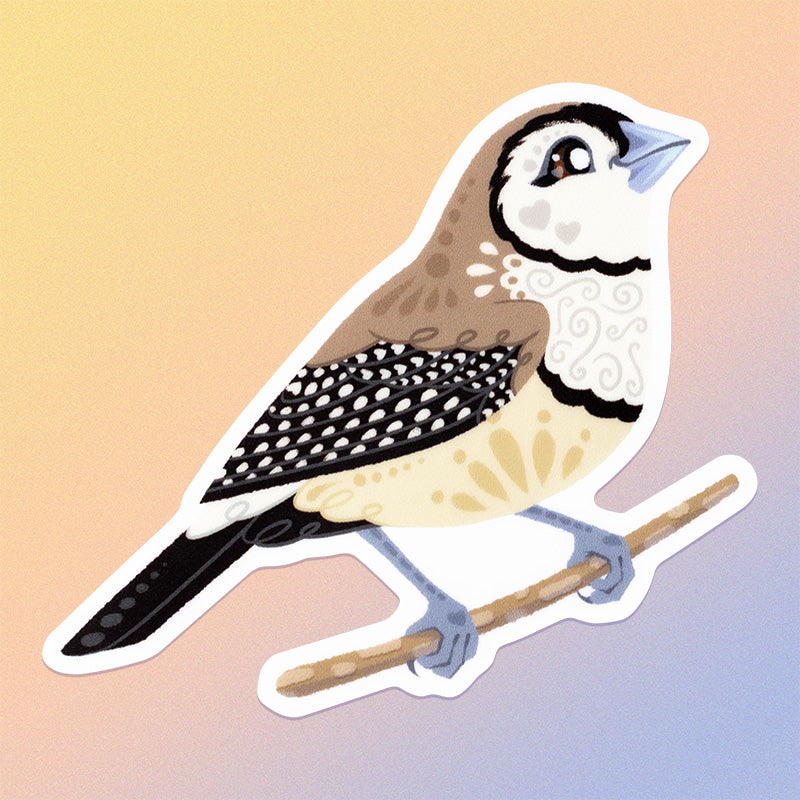 Colourful die-cut sticker of a double-barred owl finch on a soft beige, pink and pastel blue gradient background.