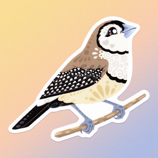 Colourful die-cut sticker of a double-barred owl finch on a soft beige, pink and pastel blue gradient background.
