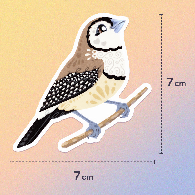 7x7cm colourful die-cut sticker of a double-barred owl finch on a soft beige, pink and pastel blue gradient background.