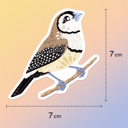 7x7cm colourful die-cut sticker of a double-barred owl finch on a soft beige, pink and pastel blue gradient background.
