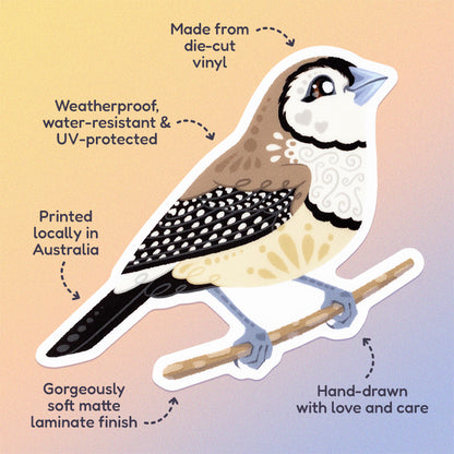 Features & benefits ('Hand-drawn with love and care', 'Made from die-cut vinyl', 'Gorgeously soft matte laminate finish', 'Weatherproof, water-resistant and UV-protected', 'Printed locally in Australia' surrounding a colourful die-cut sticker of a double-barred owl finch on a soft beige, pink and pastel blue gradient background.