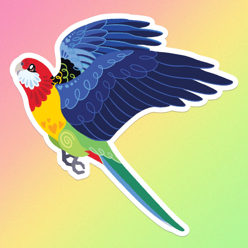 Colourful sticker of an Eastern Rosella in flight on a pink, orange, yellow and green gradient background.
