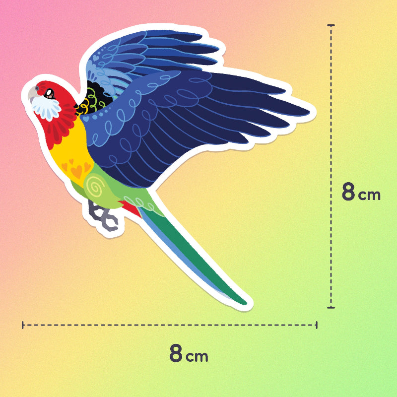 8x8cm colourful sticker of an Eastern Rosella in flight on a pink, orange, yellow and green gradient background.