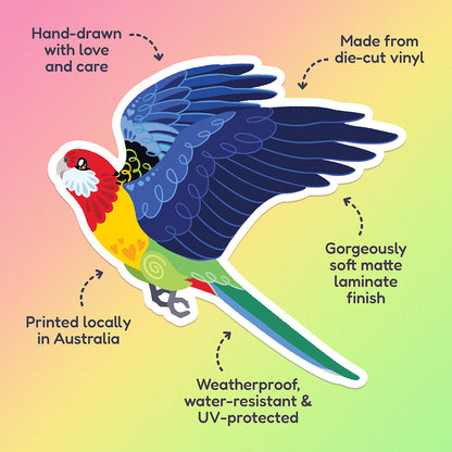Features & benefits ('Hand-drawn with love and care', 'Made from die-cut vinyl', 'Gorgeously soft matte laminate finish', 'Weatherproof, water-resistant and UV-protected', 'Printed locally in Australia' surrounding a colourful sticker of an Eastern Rosella in flight on a pink, orange, yellow and green gradient background.