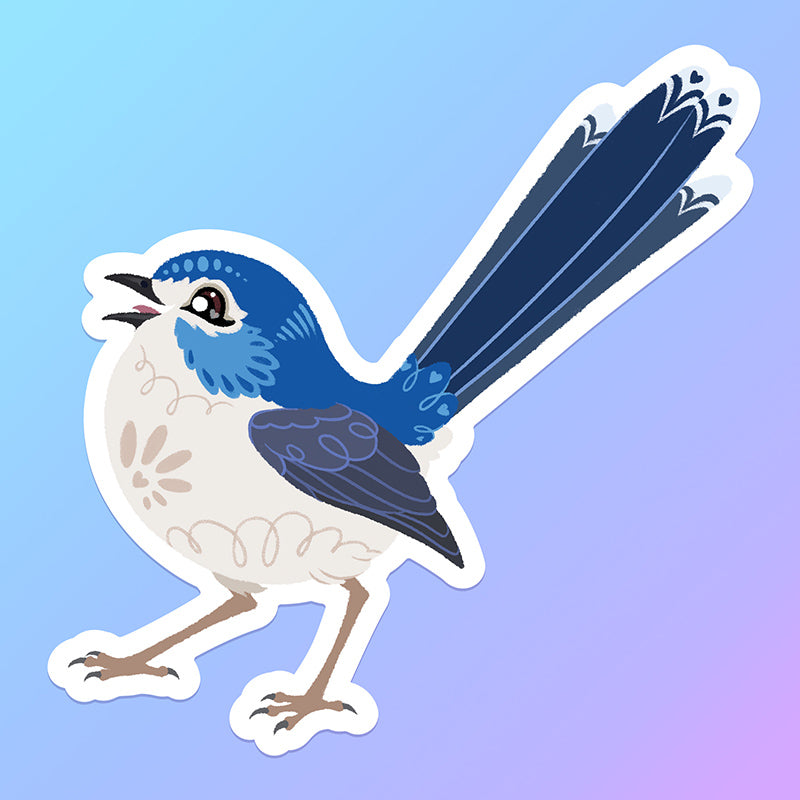 Colourful sticker of a female Lovely Fairywren chirping on a purple, blue and green gradient background.