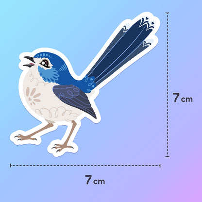 7x7cm colourful sticker of a female Lovely Fairywren chirping on a purple, blue and green gradient background.