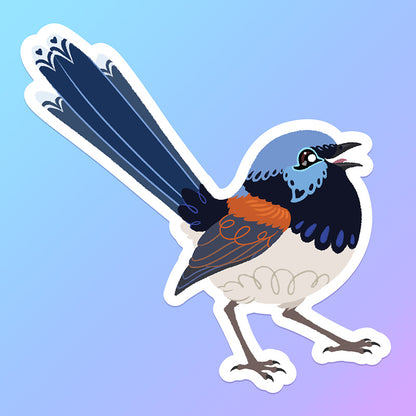 Colourful sticker of a male Lovely Fairywren chirping on a purple, blue and green gradient background.