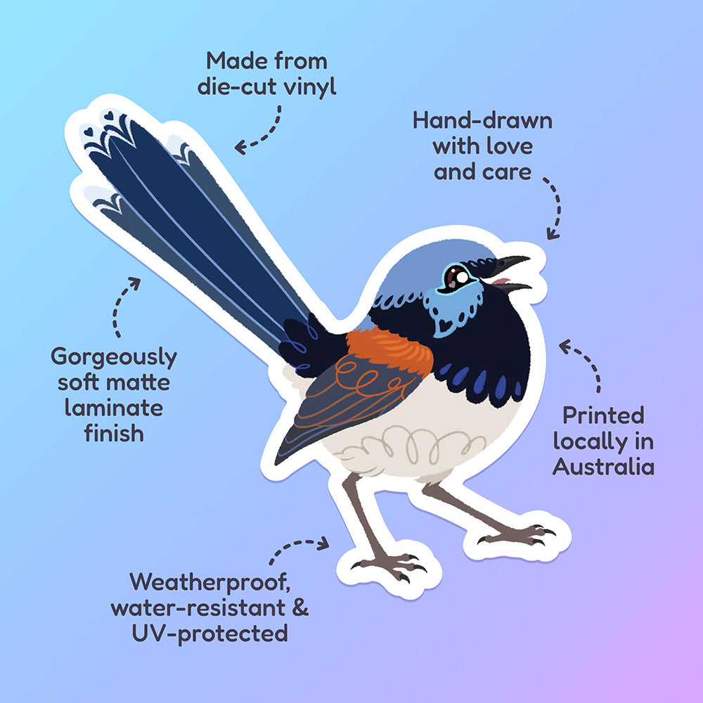 Features & benefits ('Hand-drawn with love and care', 'Made from die-cut vinyl', 'Gorgeously soft matte laminate finish', 'Weatherproof, water-resistant and UV-protected', 'Printed locally in Australia' surrounding a colourful sticker of a male Lovely Fairywren chirping on a purple, blue and green gradient background.