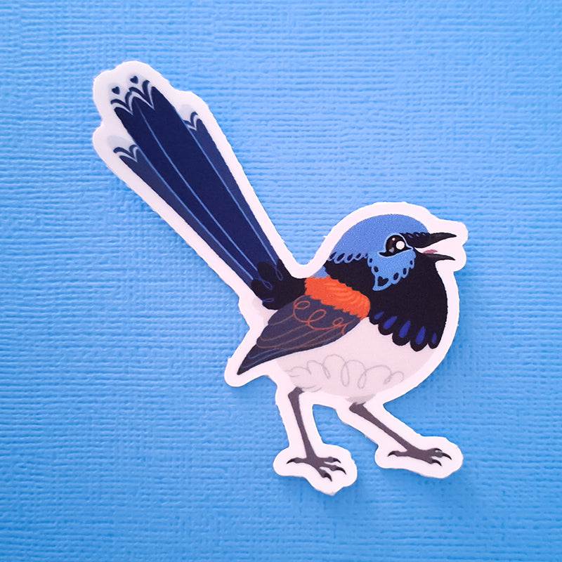 Real photo of a colourful sticker of a male Lovely Fairywren chirping on a blue canvas textured background.