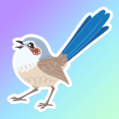 Colourful sticker of a female Purple-Crowned Fairywren chirping on a purple, blue and green gradient background.