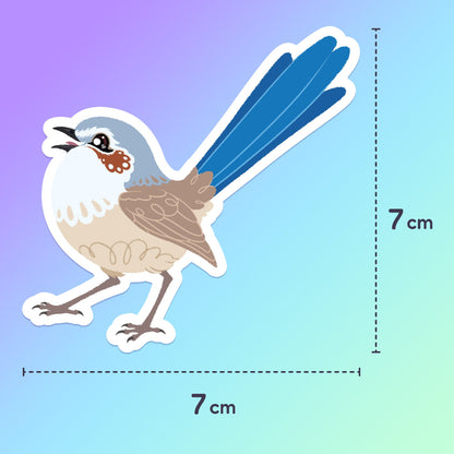 7x7cm colourful sticker of a female Purple-Crowned Fairywren chirping on a purple, blue and green gradient background.