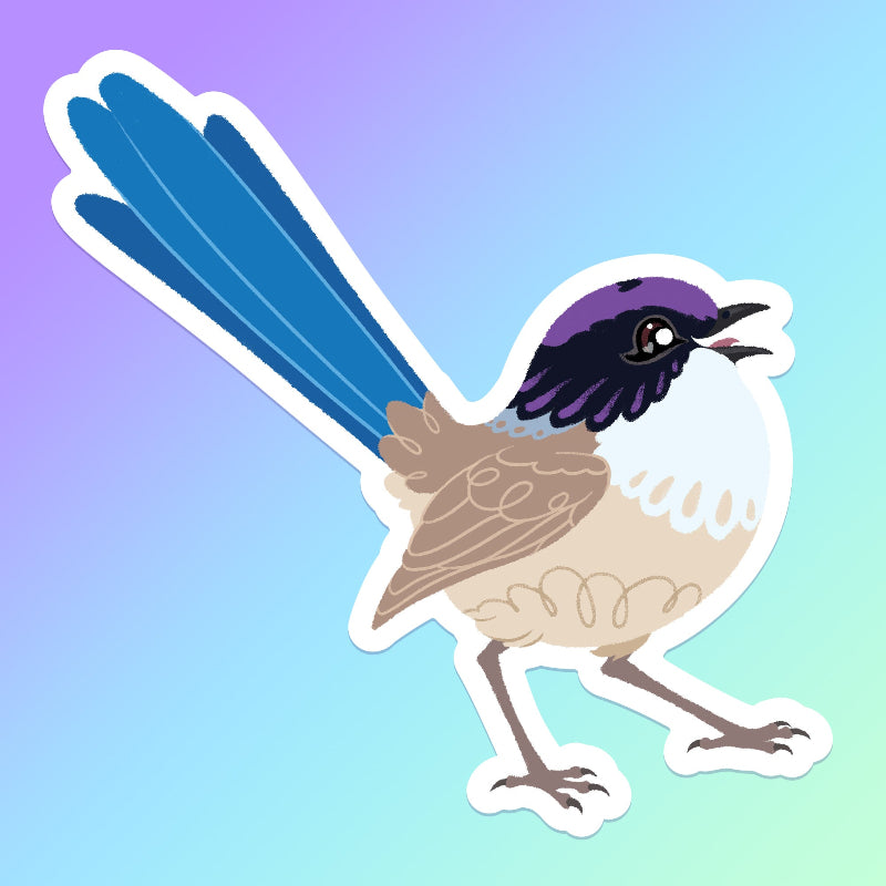 Colourful sticker of a male Purple-Crowned Fairywren chirping on a purple, blue and green gradient background.