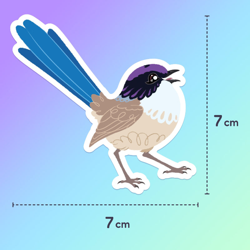 7x7cm colourful sticker of a male Purple-Crowned Fairywren chirping on a purple, blue and green gradient background.
