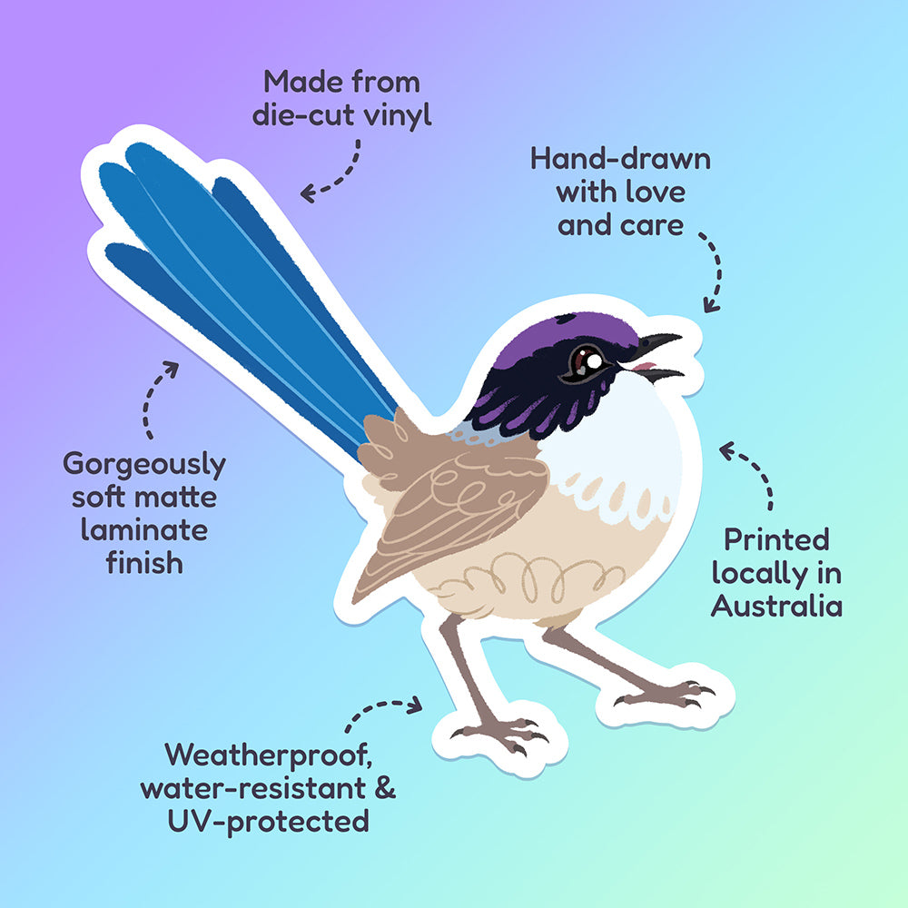 Features & benefits ('Hand-drawn with love and care', 'Made from die-cut vinyl', 'Gorgeously soft matte laminate finish', 'Weatherproof, water-resistant and UV-protected', 'Printed locally in Australia' surrounding a colourful sticker of a male Purple-Crowned Fairywren chirping on a purple, blue and green gradient background.