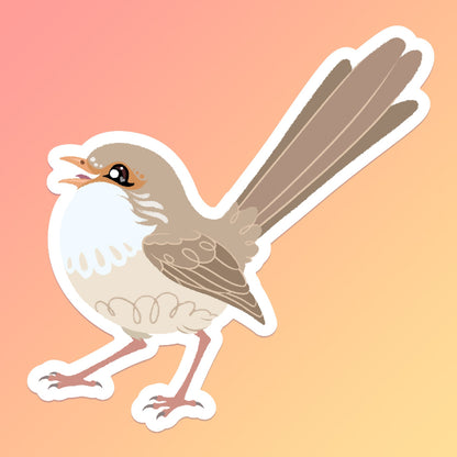 Colourful sticker of a female Red-backed Fairywren chirping on a red. orange and yellow gradient background.