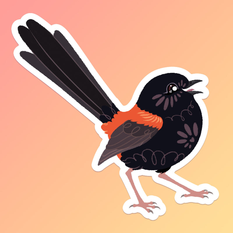 Colourful sticker of a male Red-backed Fairywren chirping on a red. orange and yellow gradient background.