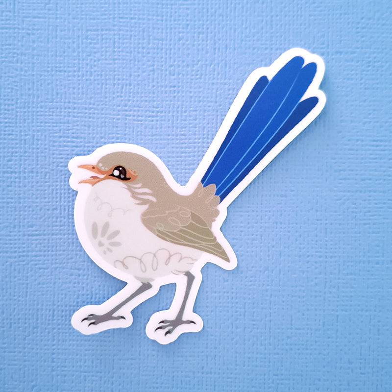 Real photo of a cute sticker of a female Splendid Fairywren chirping on a blue canvas textured background.