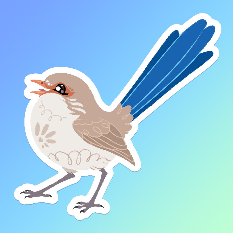 Cute sticker of a female Splendid Fairywren chirping on a blue and green gradient background.