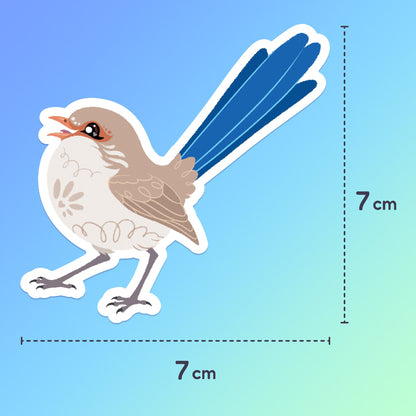 7x7cm cute sticker of a female Splendid Fairywren chirping on a blue and green gradient background.