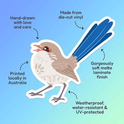 Features & benefits ('Hand-drawn with love and care', 'Made from die-cut vinyl', 'Gorgeously soft matte laminate finish', 'Weatherproof, water-resistant and UV-protected', 'Printed locally in Australia' surrounding a cute sticker of a female Splendid Fairywren chirping on a blue and green gradient background.