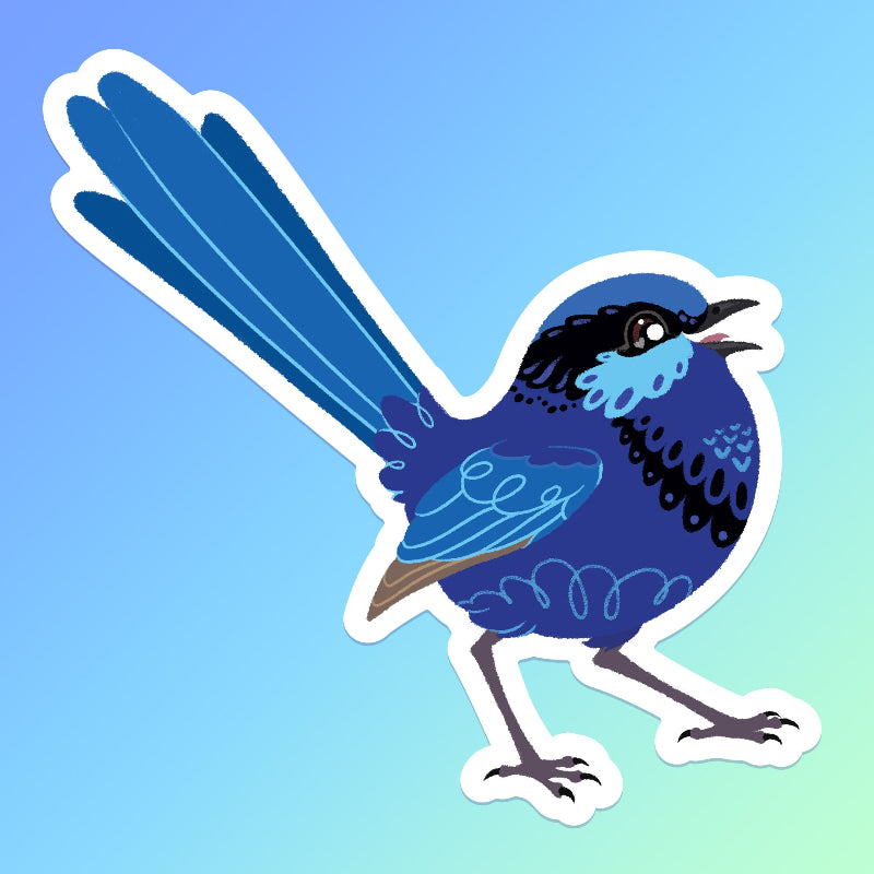 Colourful sticker of a male Splendid Fairywren chirping on a blue and green gradient background.