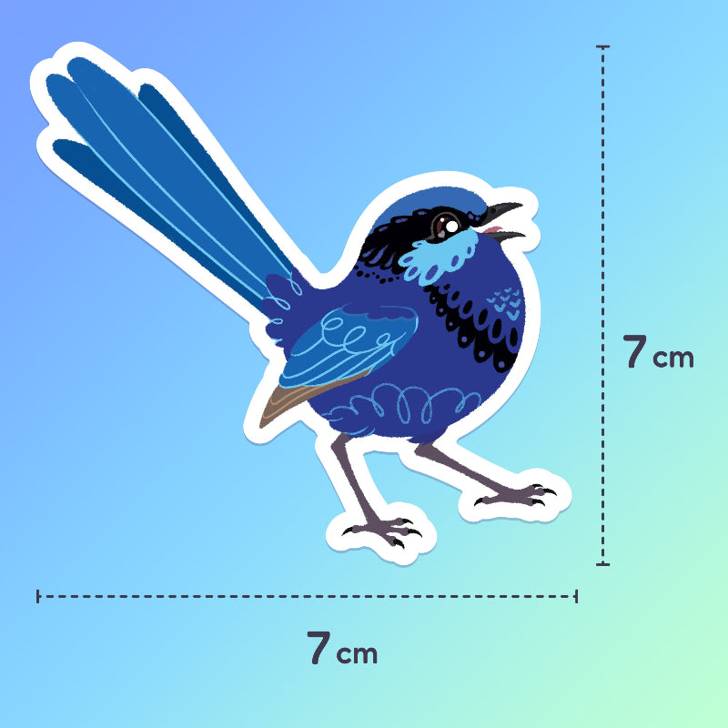 7x7cm colourful sticker of a male Splendid Fairywren chirping on a blue and green gradient background.