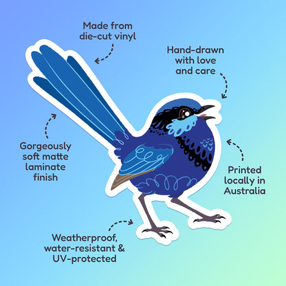 Features & benefits ('Hand-drawn with love and care', 'Made from die-cut vinyl', 'Gorgeously soft matte laminate finish', 'Weatherproof, water-resistant and UV-protected', 'Printed locally in Australia' surrounding a colourful sticker of a male Splendid Fairywren chirping on a blue and green gradient background.