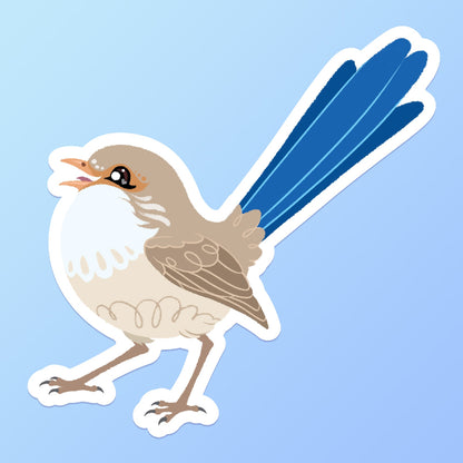 Colourful sticker of a female White-winged Fairywren chirping on a blue and cyan gradient background.