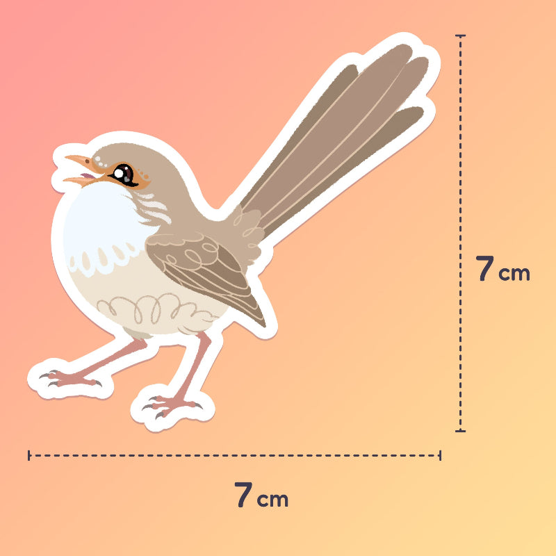7x7cm colourful sticker of a female Red-backed Fairywren chirping on a red. orange and yellow gradient background.
