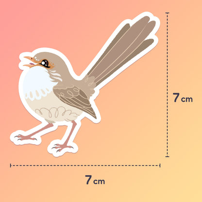 7x7cm colourful sticker of a female Red-backed Fairywren chirping on a red. orange and yellow gradient background.