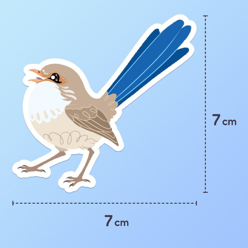7x7cm colourful sticker of a female White-winged Fairywren chirping on a blue and cyan gradient background.