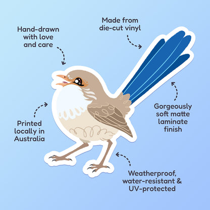 Features & benefits ('Hand-drawn with love and care', 'Made from die-cut vinyl', 'Gorgeously soft matte laminate finish', 'Weatherproof, water-resistant and UV-protected', 'Printed locally in Australia' surrounding a colourful sticker of a female White-winged Fairywren chirping on a blue and cyan gradient background.