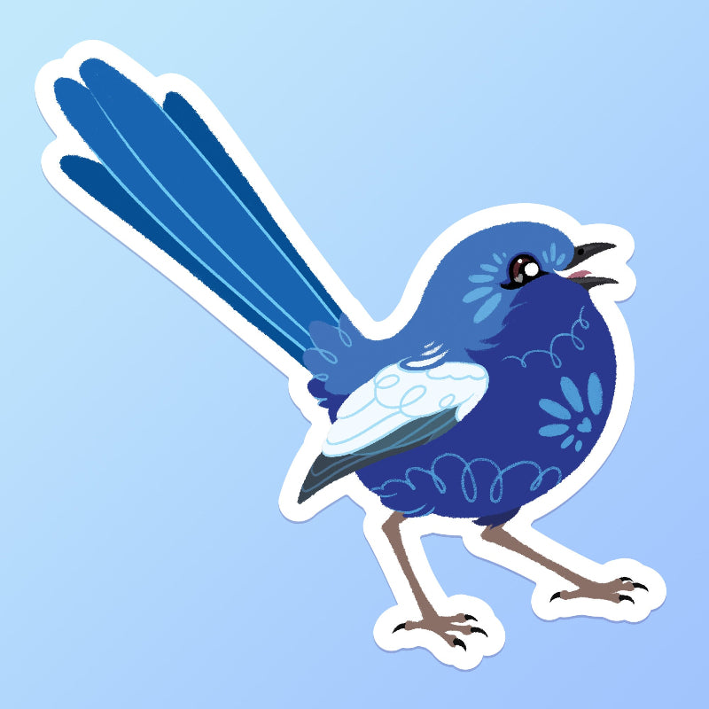 Colourful sticker of a male White-winged Fairywren chirping on a blue and cyan gradient background.