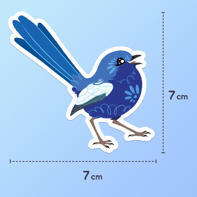7x7cm colourful sticker of a male White-winged Fairywren chirping on a blue and cyan gradient background.