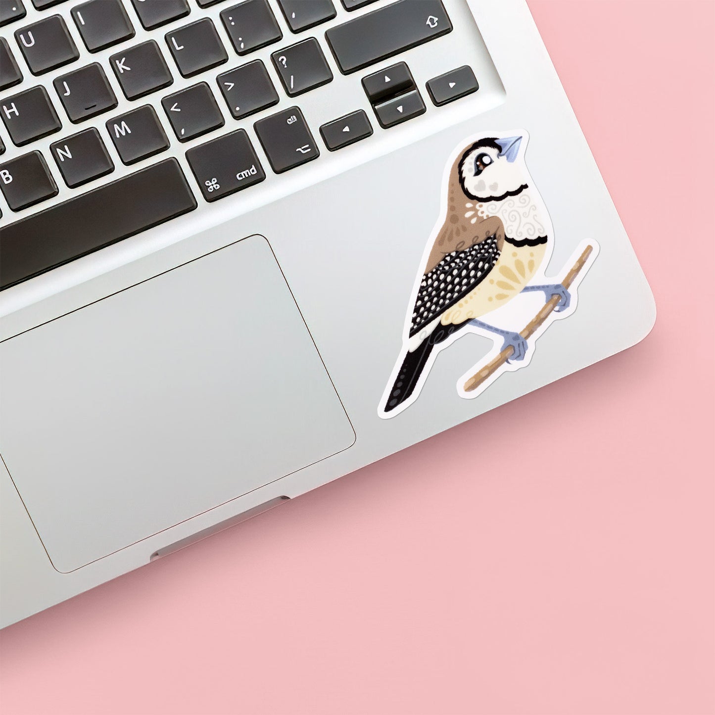 Colourful die-cut sticker of a double-barred owl finch stuck below the keyboard of a Macbook laptop on a yellow background.