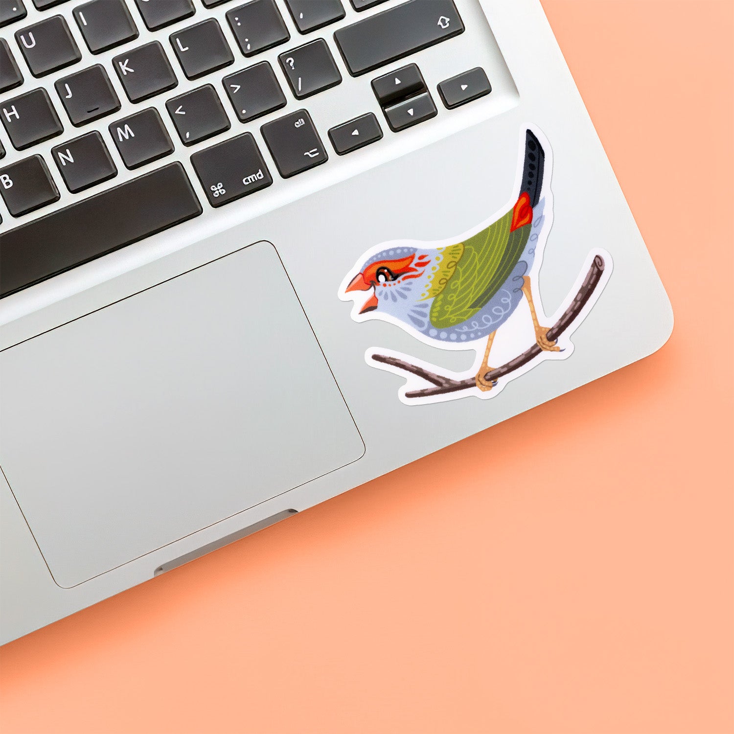 Colourful sticker of a red-browed firetail finch stuck below the keyboard of a Macbook laptop on an orange background.