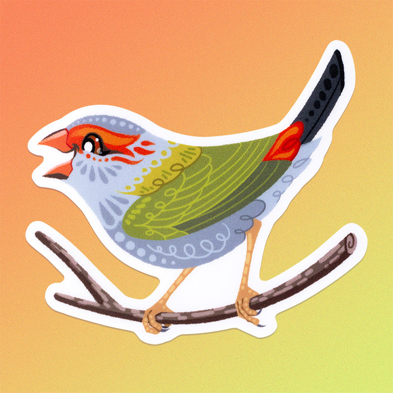 Colourful sticker of a red-browed firetail finch on an orange, yellow and green gradient background.