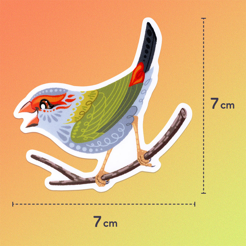 7x7cm colourful sticker of a red-browed firetail finch on an orange, yellow and green gradient background.