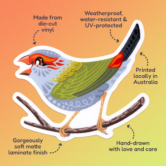 Features & benefits ('Hand-drawn with love and care', 'Made from die-cut vinyl', 'Gorgeously soft matte laminate finish', 'Weatherproof, water-resistant and UV-protected', 'Printed locally in Australia' surrounding a colourful sticker of a red-browed firetail finch on an orange, yellow and green gradient background.