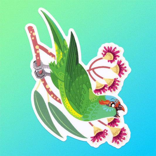 Colourful sticker of a musk lorikeet perched amongst pink eucalyptus flowers on a green and blue gradient background.
