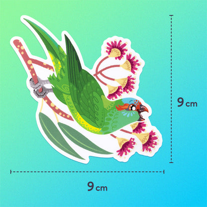 9x9cm colourful sticker of a musk lorikeet perched amongst pink eucalyptus flowers on a green and blue gradient background.