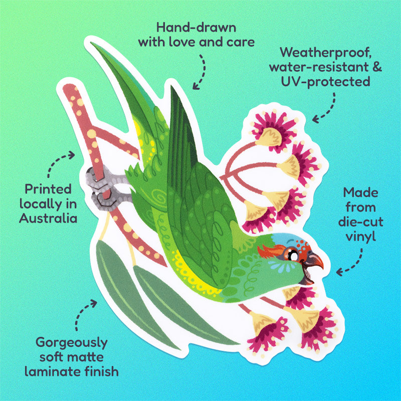 Features & benefits ('Hand-drawn with love and care', 'Made from die-cut vinyl', 'Gorgeously soft matte laminate finish', 'Weatherproof, water-resistant and UV-protected', 'Printed locally in Australia' surrounding a colourful sticker of a musk lorikeet perched amongst pink eucalyptus flowers on a green and blue gradient background.