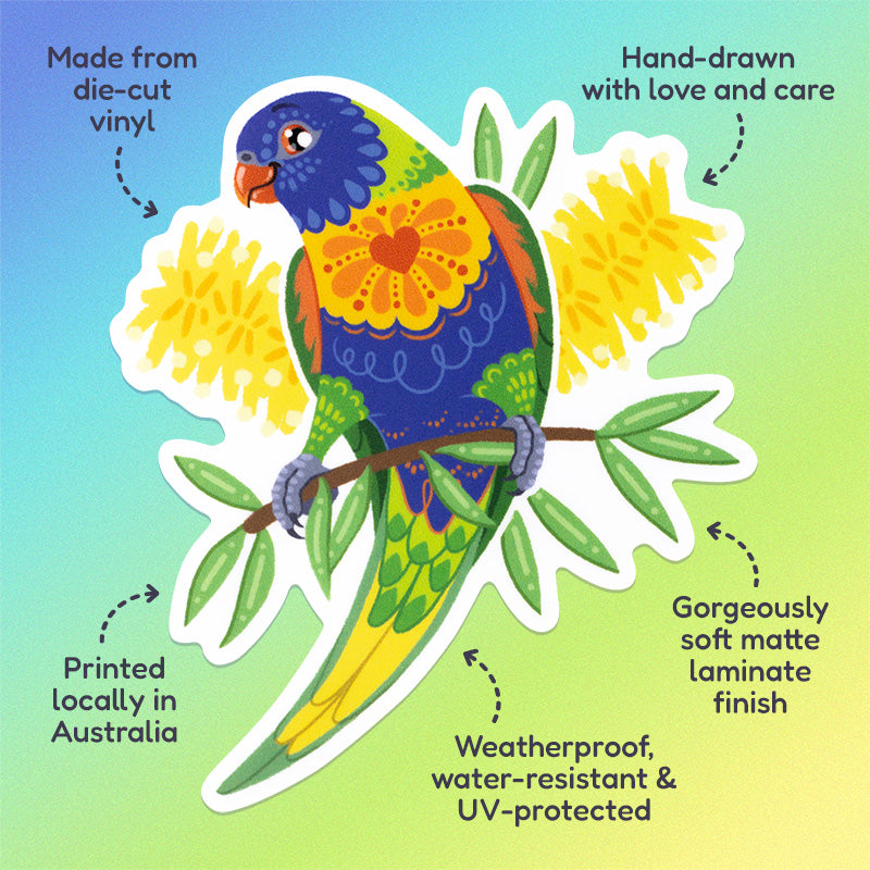 Features & benefits ('Hand-drawn with love and care', 'Made from die-cut vinyl', 'Gorgeously soft matte laminate finish', 'Weatherproof, water-resistant and UV-protected', 'Printed locally in Australia' surrounding a colourful sticker of a rainbow lorikeet with yellow bottlebrush flowers on a blue, green and yellow gradient background.