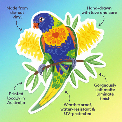 Features & benefits ('Hand-drawn with love and care', 'Made from die-cut vinyl', 'Gorgeously soft matte laminate finish', 'Weatherproof, water-resistant and UV-protected', 'Printed locally in Australia' surrounding a colourful sticker of a rainbow lorikeet with yellow bottlebrush flowers on a blue, green and yellow gradient background.