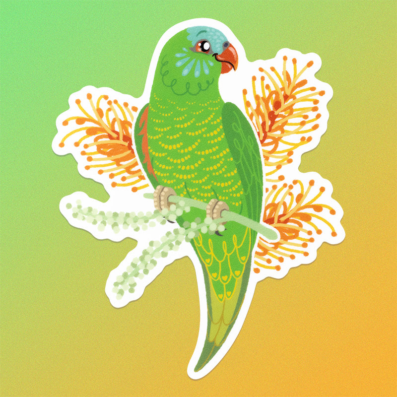 Colourful sticker of a scaly-breasted lorikeet with orange grevillea flowers on a green and yellow gradient background.
