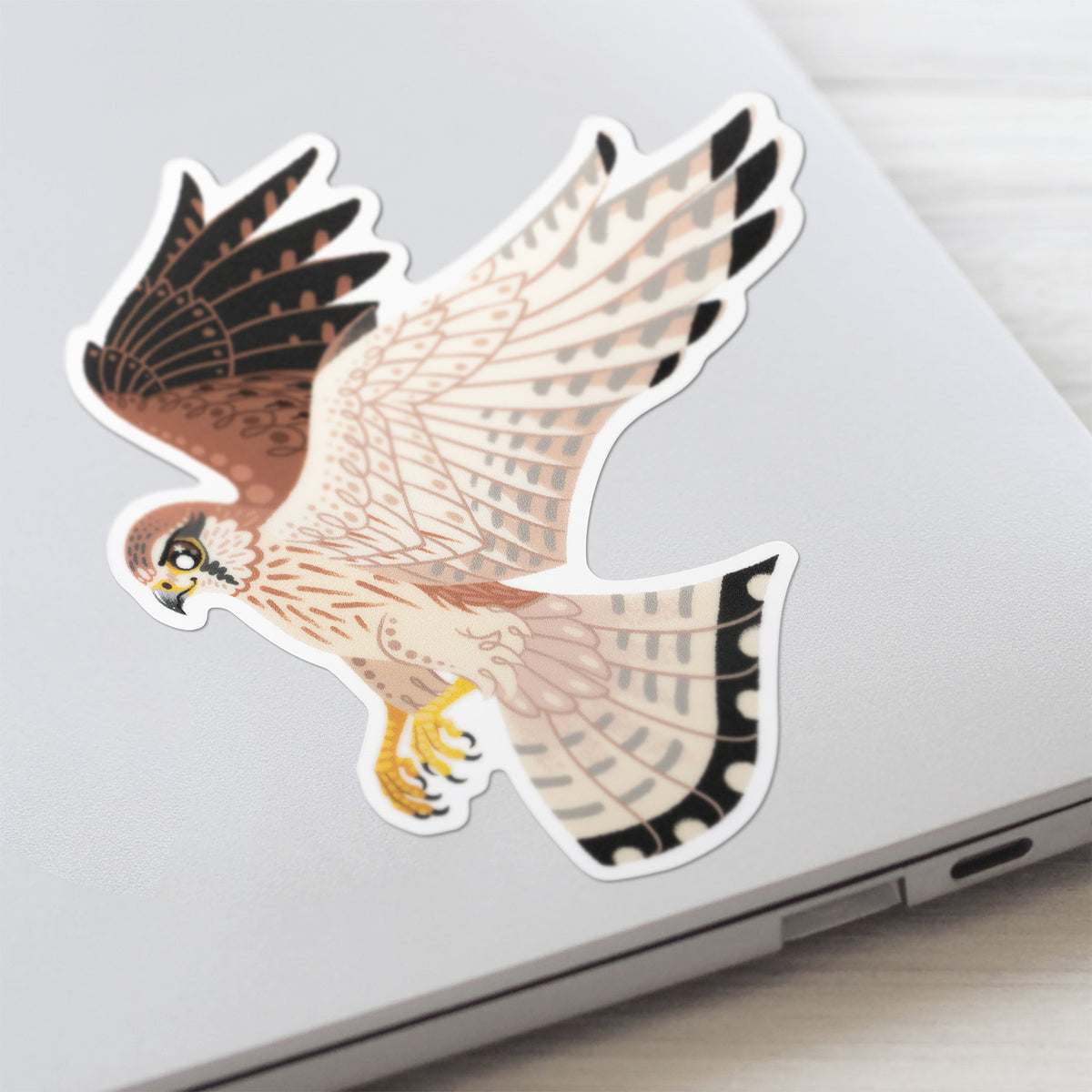 Closeup of a colourful sticker of a hovering female nankeen kestrel stuck to a lid of a Macbook laptop on a textured white wood background.