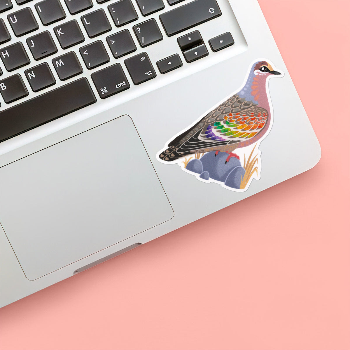 Colourful die-cut sticker of a male common bronzewing pigeon stuck below the keyboard of a Macbook laptop on a peach background.